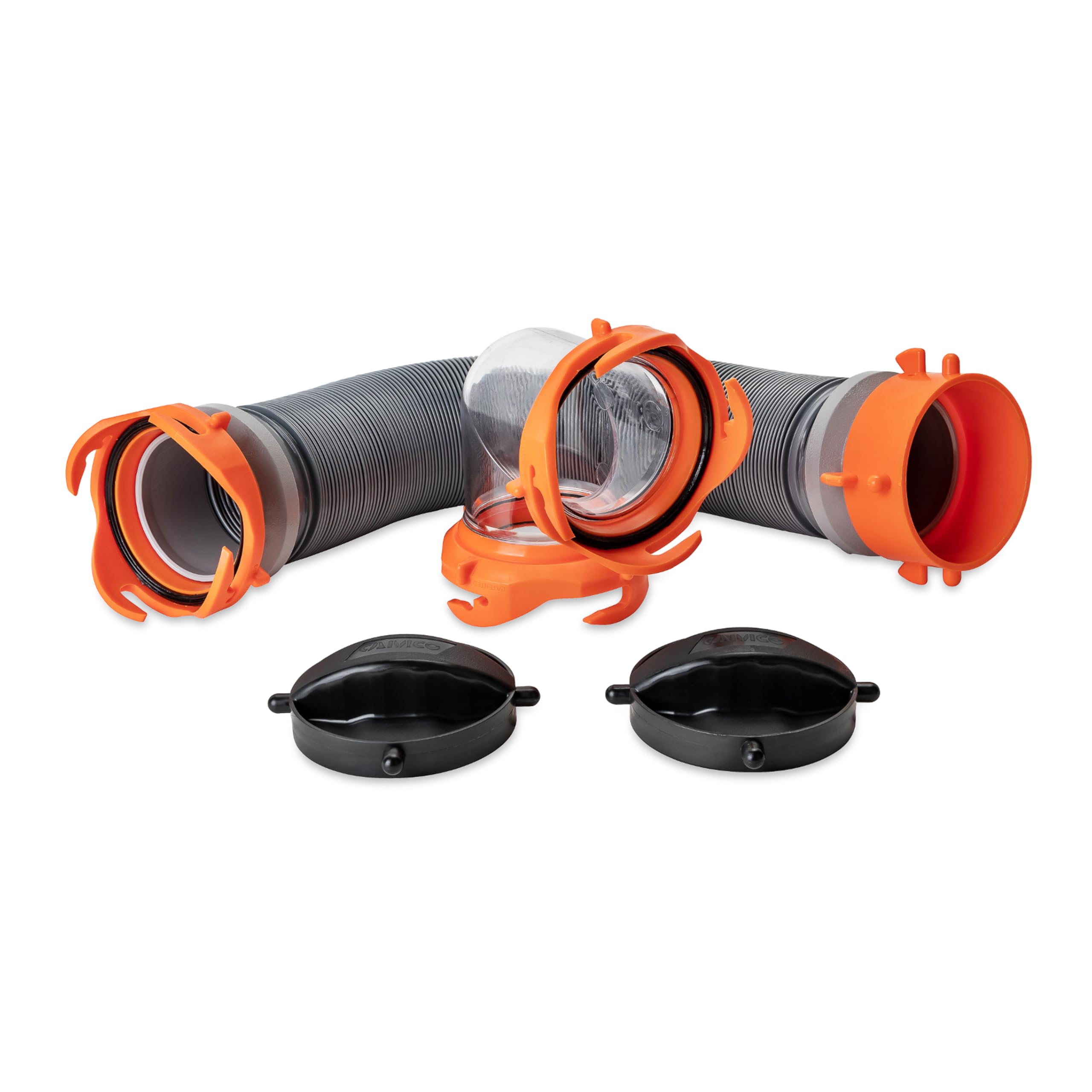 Camco Heavy-Duty Camper/RV Tote Tank Sewer Hose Kit | Features 90-Degree Clear Elbow w/ 2 Swivel Bayonet Ends & 2 Bayonet Fitting Storage Caps | Compresses for RV Storage and Organization (39645)