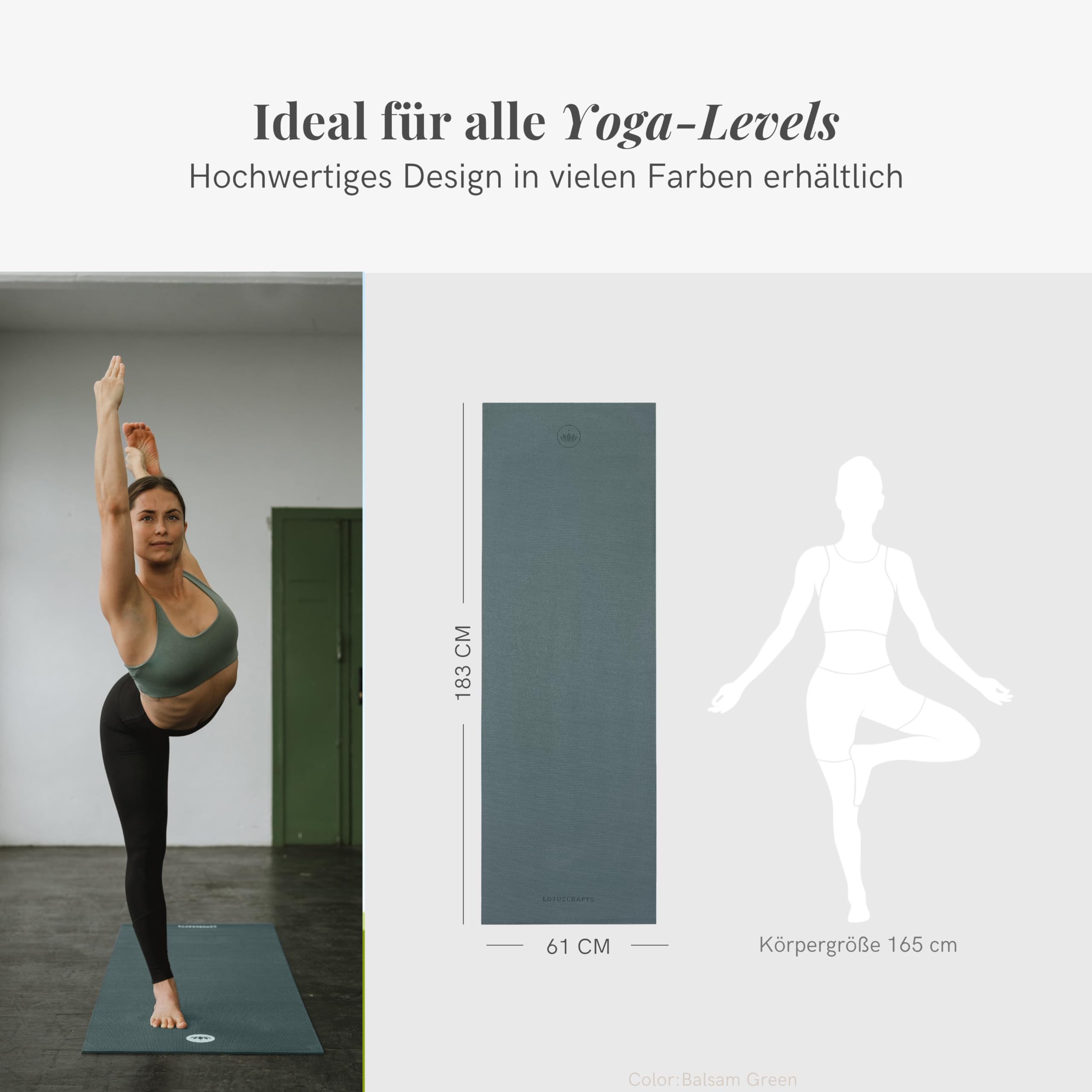 Lotuscrafts® Yoga Matte Rutschfest, 183 x 61 x 0,5 cm, Leichte Fitnessmatte auch als Gymnastikmatte, Sportmatte - Hautfreundlich & Schadstoffgeprüft