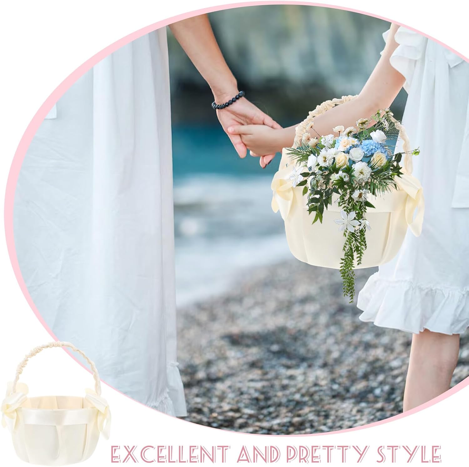 Wedding Flower Girl Basket with Satin Bowknot and Handle, Lace Decorative Rustic Basket for Wedding Ceremony and Party Supplies