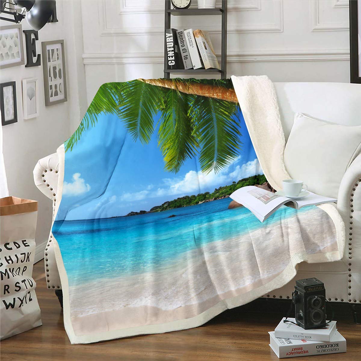Coperta in pile con onde marine, per il surf, per letto, divano, stile nautico, Sherpa, calda, coperta fuzzy blu, 200 x 200 cm