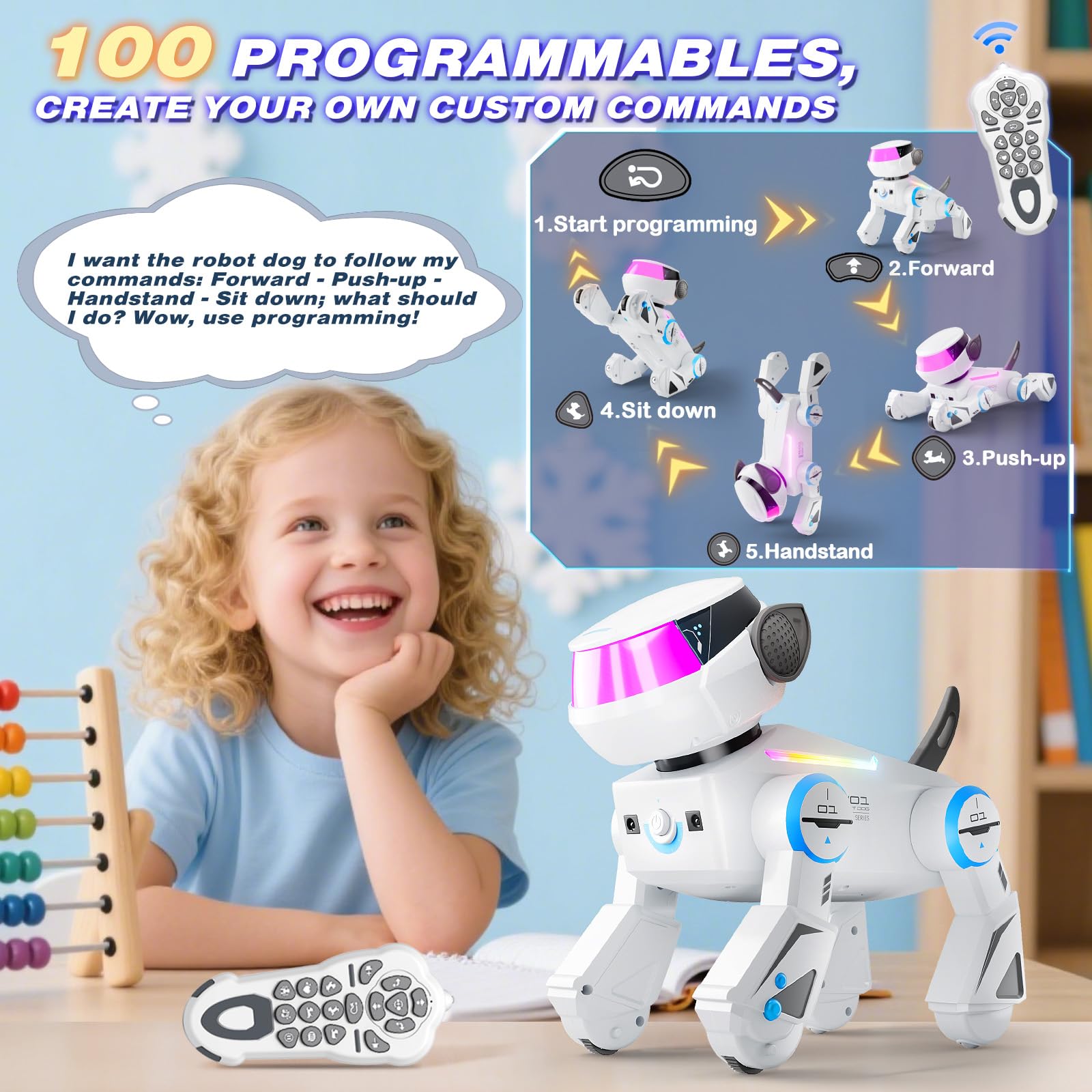 VATOS Perro Robot Recargable para Niños, Perro Robótico a Control Remoto con Ojos LED Multicolores y 17 Funciones Interactivas, Juguete de Cachorro Robot Que Canta y Baila, Regalo para Niños, Blanco
