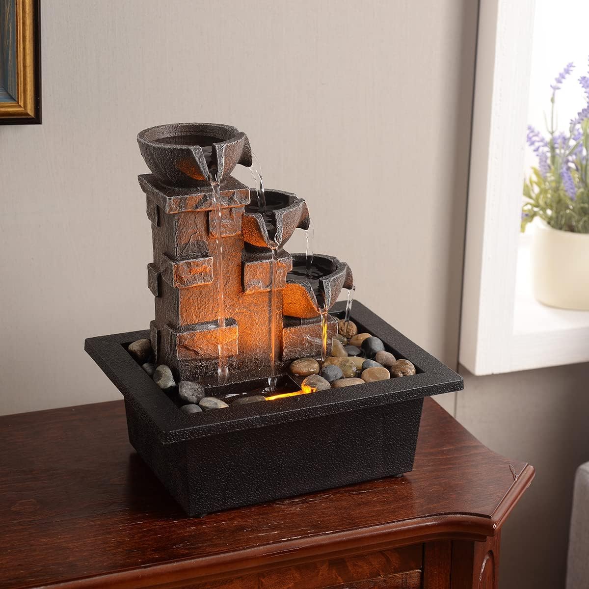 GOSSI 3-Tier Stone Wall Tabletop Fountain with River Rocks, LED Lights - Zen Desktop Waterfall for Office Relaxation & Meditation