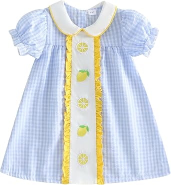 Toddler Baby Girl Summer Dress Puff Short Sleeve Peter Pan Collar Fruits Embroidery Plaid Print A Line Dresses