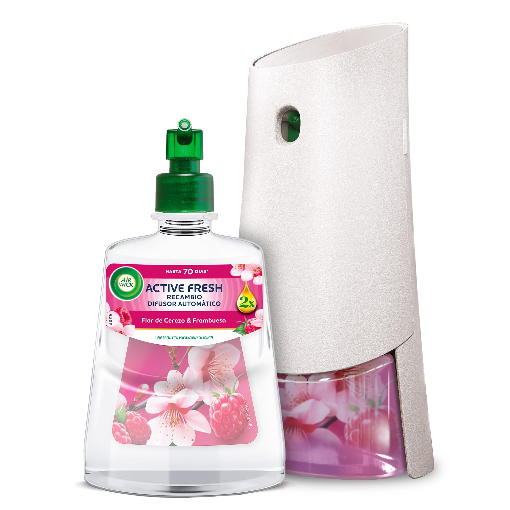Air Wick Active Fresh Spray Automático Sin Aerosol - ambientador hogar neutralizador de olores con fragancia a Flor de Cerezo y Frambuesa, 2 veces más aceites esenciales