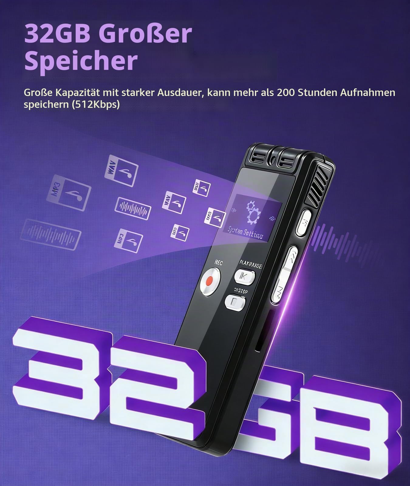 Dictaphone 32 G - 1536 kbps - Enregistreur vocal numérique - Interface Type-C - Appareil d'enregistrement One-Touch-HD Dual MIC pour conférence, entretien, réunion