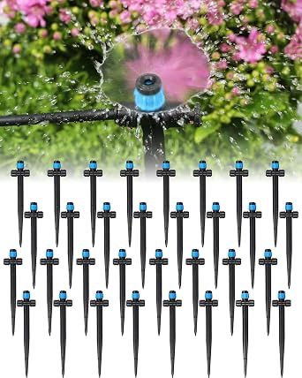 36 Pack Drip Irrigation Parts, Quick Connect 1/4" Adjustable 360 Emitter with Bidirectional Connection for Garden & Farm Irrigation Systems