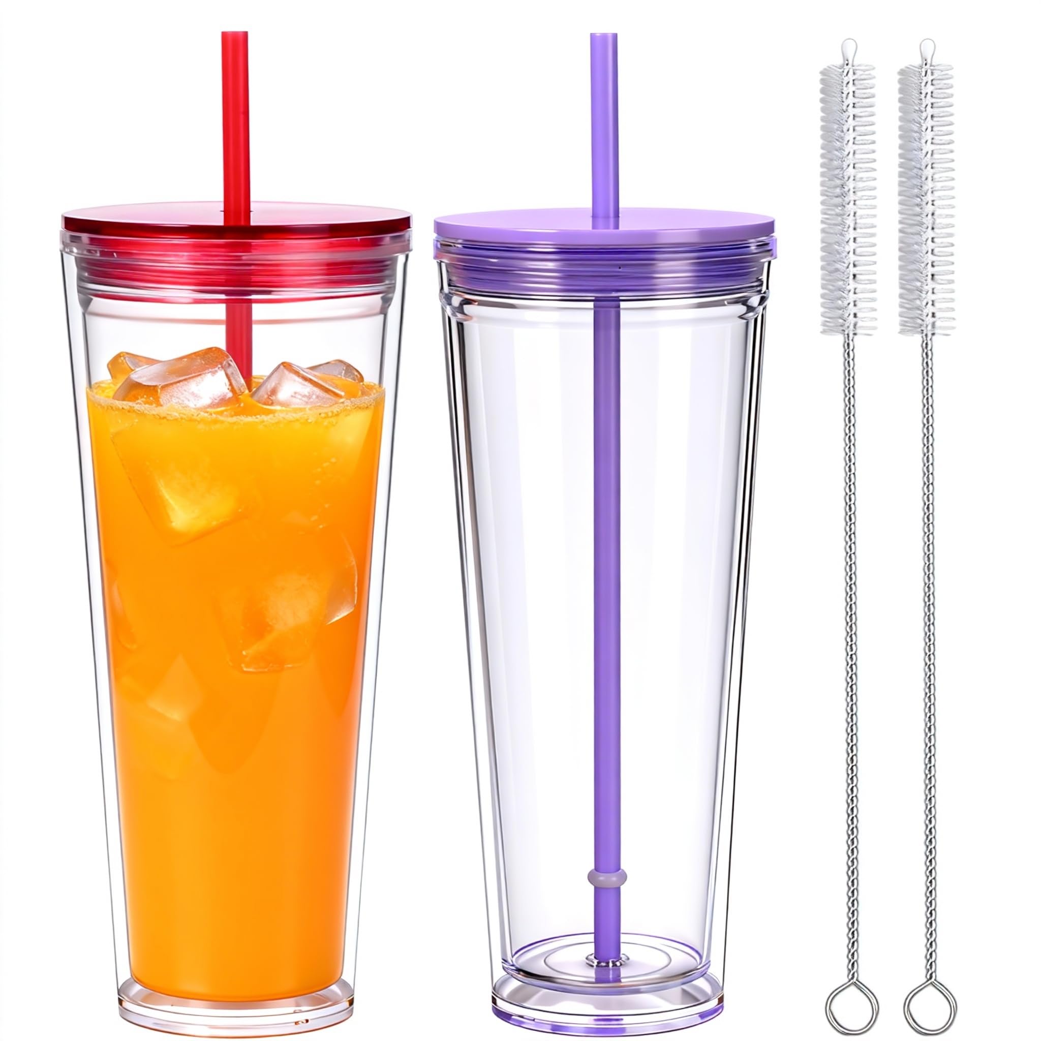 CuppaLifes 710ml Reusable Tumbler with Straw and Lid, 2 Pack Insulated Cup for Iced Coffee, Hot/Cold Drink, Plastic Travel Mug for Office, Travel, Camping, Beach, Outdoor (2, Red, Purple)
