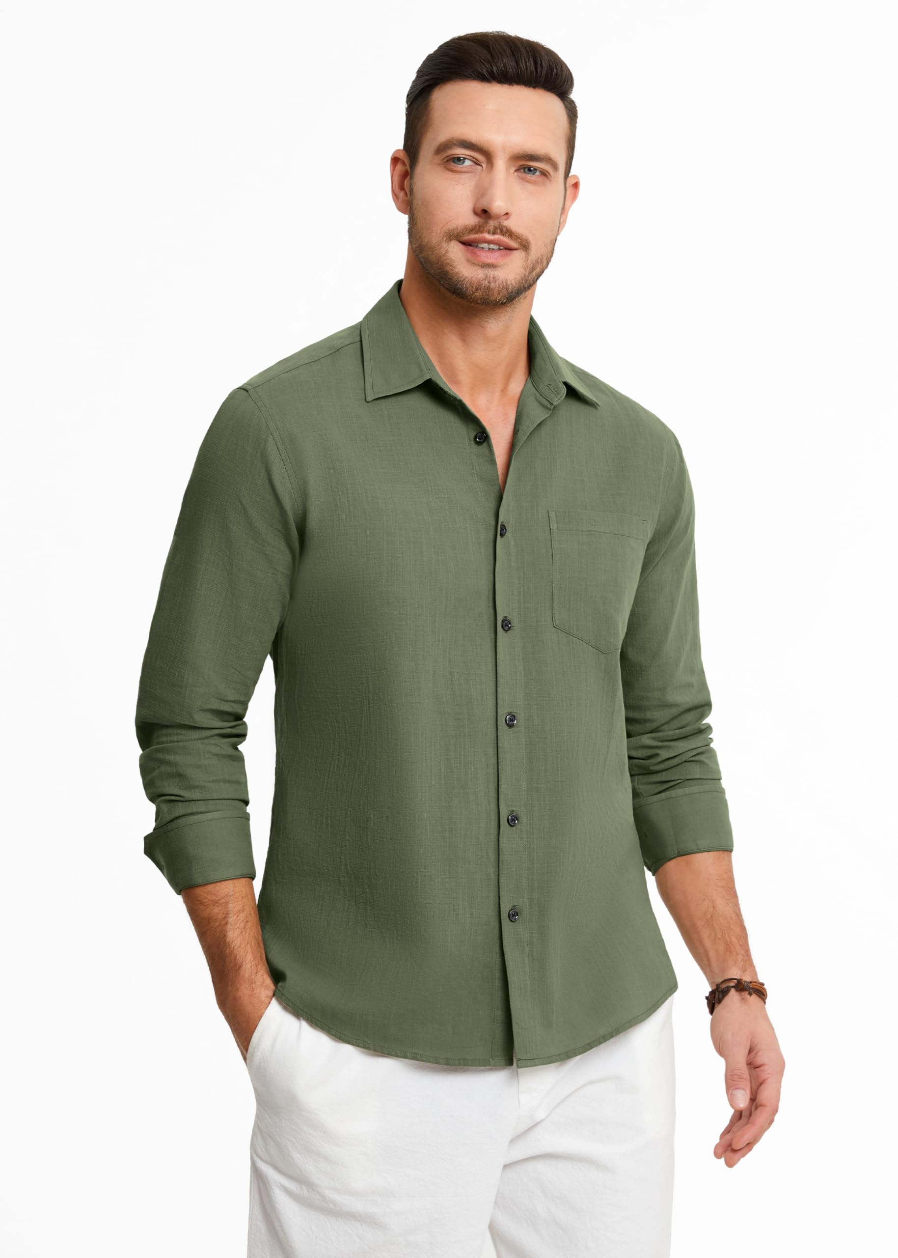 HISDERN Chemises en Lin et Coton pour Homme Manches Longues Décontractée Boutonnées Légères Été Chemise Coupe Régulière de Plage Casual Shirts avec Poche