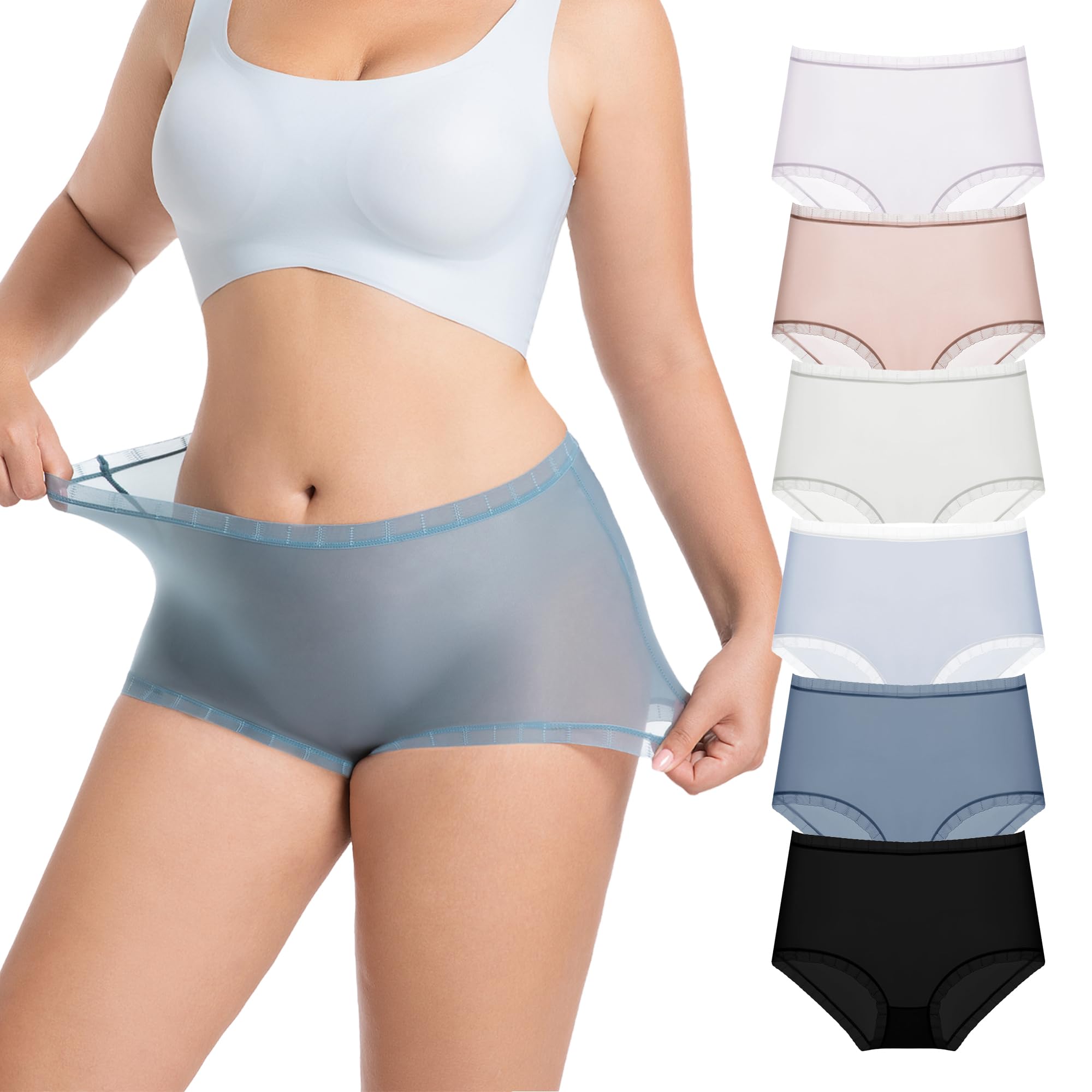 Mcool Mary Women's Underwear，Sheer Panties,Mid-High Waisted Ladies Briefs,Full Coverage,Thin Nylon Briefs with Lace（6 Pack）