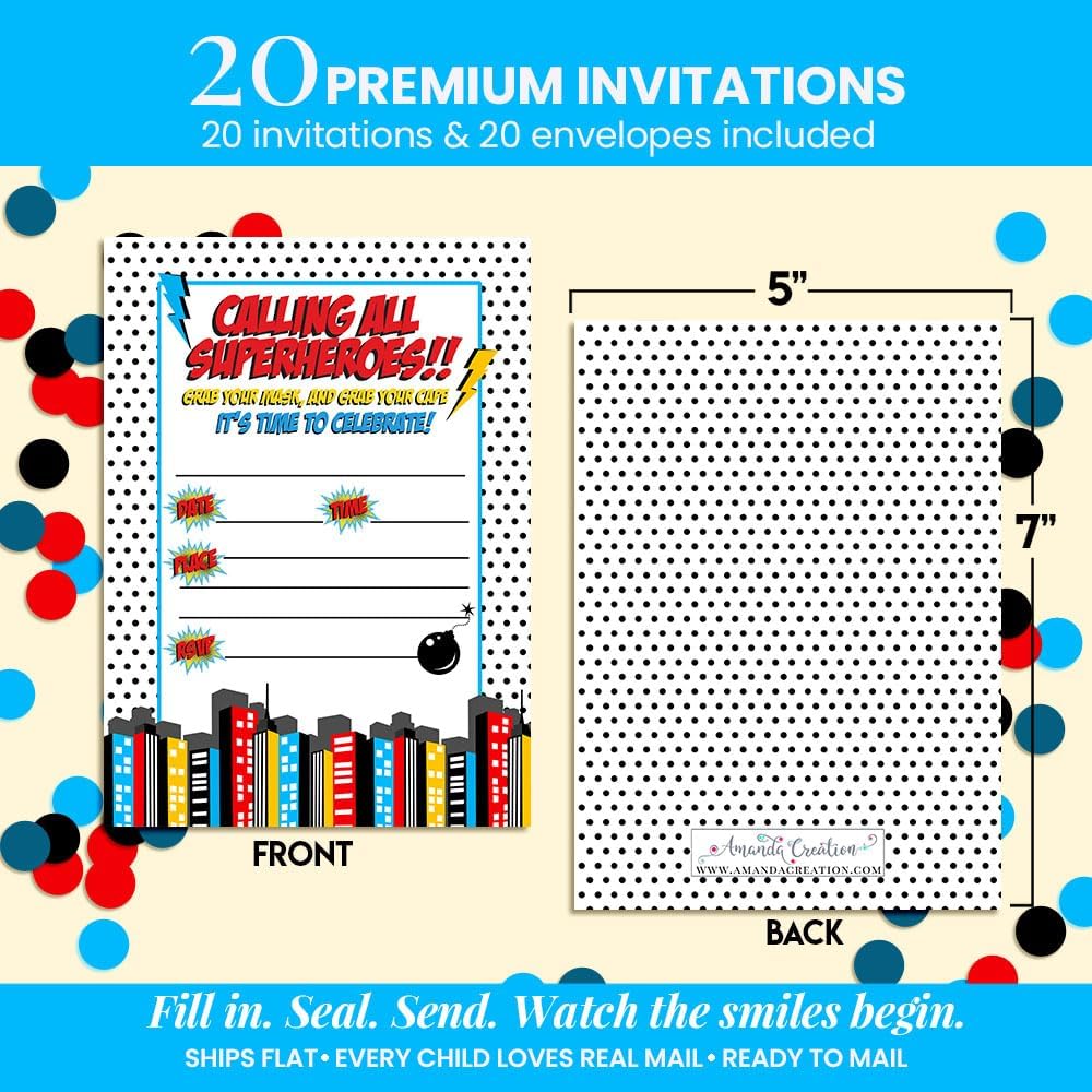 Super Hero Boy Birthday Party Invitations, 20 5x7 Fill In Cards with Twenty White Envelopes by AmandaCreation