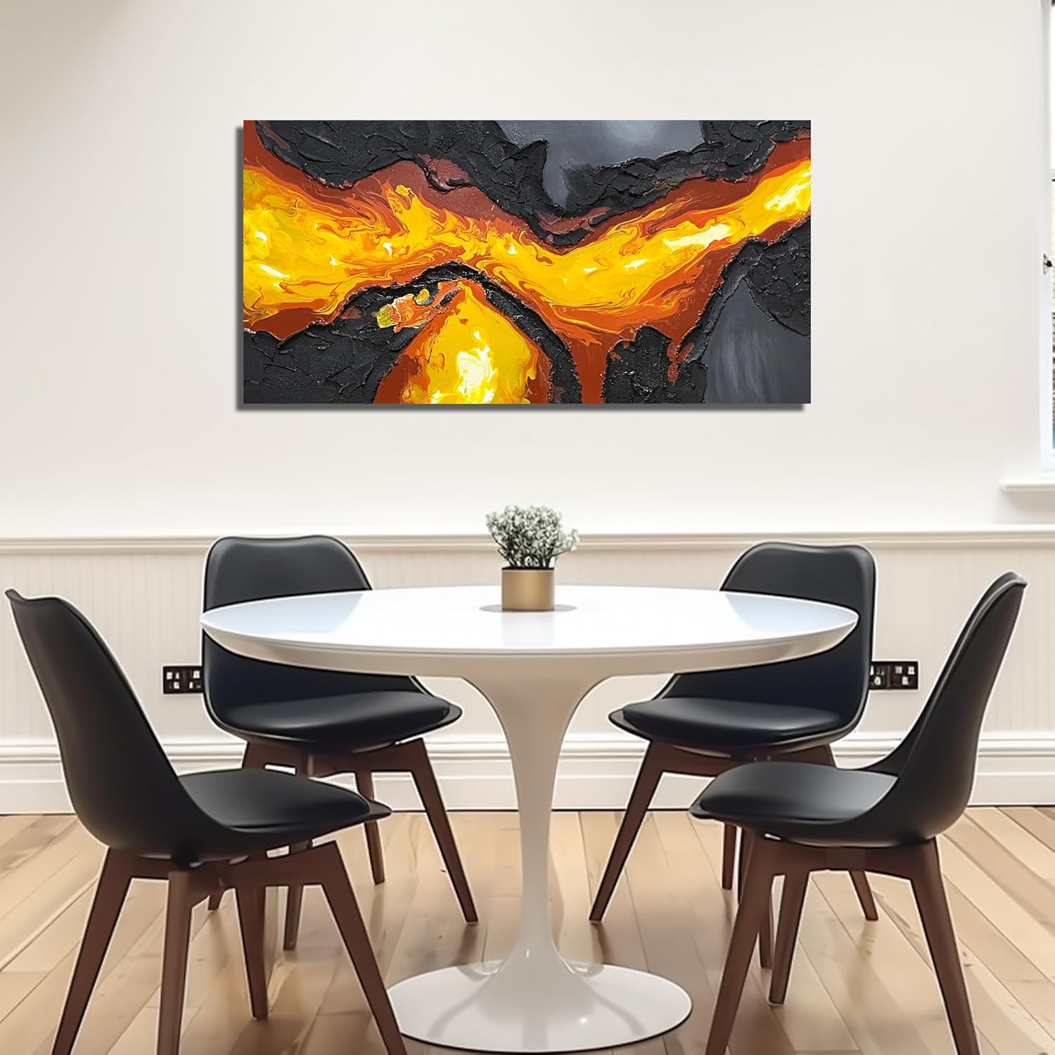 GUGIKA Abstract Wall Art for Living Room, Hand Painted 3D Textured Magma Paintings, Black and Gold Yellow Volcanic Lava Canvas Wall-Decor for Bedroom, Size 40 x 20 Inches - Image 9