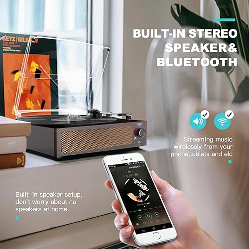 Miniatura 4 de Tocadiscos inalámbrico portátil LP, fonógrafo con altavoces estéreo integrados, 3 velocidades, tocadiscos para discos de vinilo con transmisión por