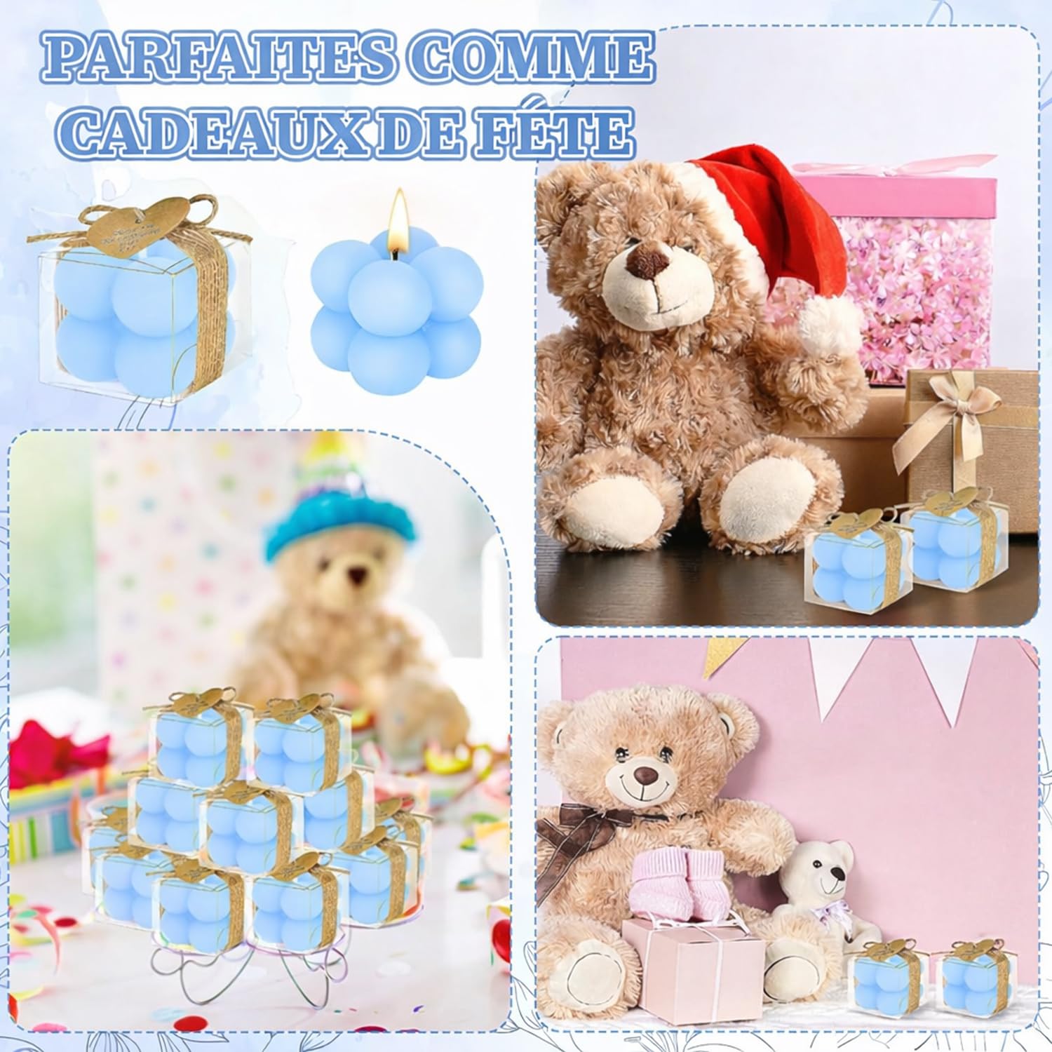 Lot de 30 Bougies Bulles Bleues avec Boîtes Cadeaux, Cartes de Remerciement et Ficelle de Jute - Mini Bougies Décoratives Cube pour Cadeau d'Invités Mariage, Baptême, Baby Shower Garçon - 4x3,5 cm