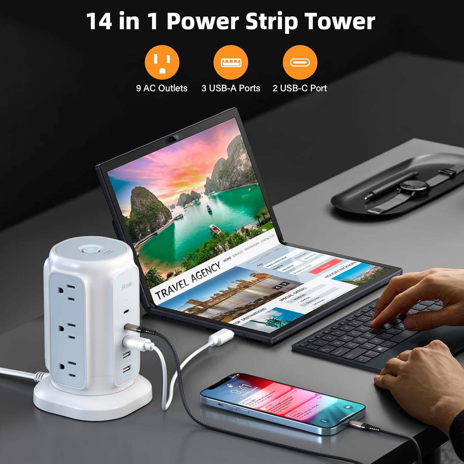 BESFAN Power Strip Tower, 1625W Surge Protector with 9AC Outlets 5 USB Ports, 6.5 FT Extension Cord Charging Tower for Multiple Devices, for Office Supplies, Dorm Room Essentials for Girls, Guys