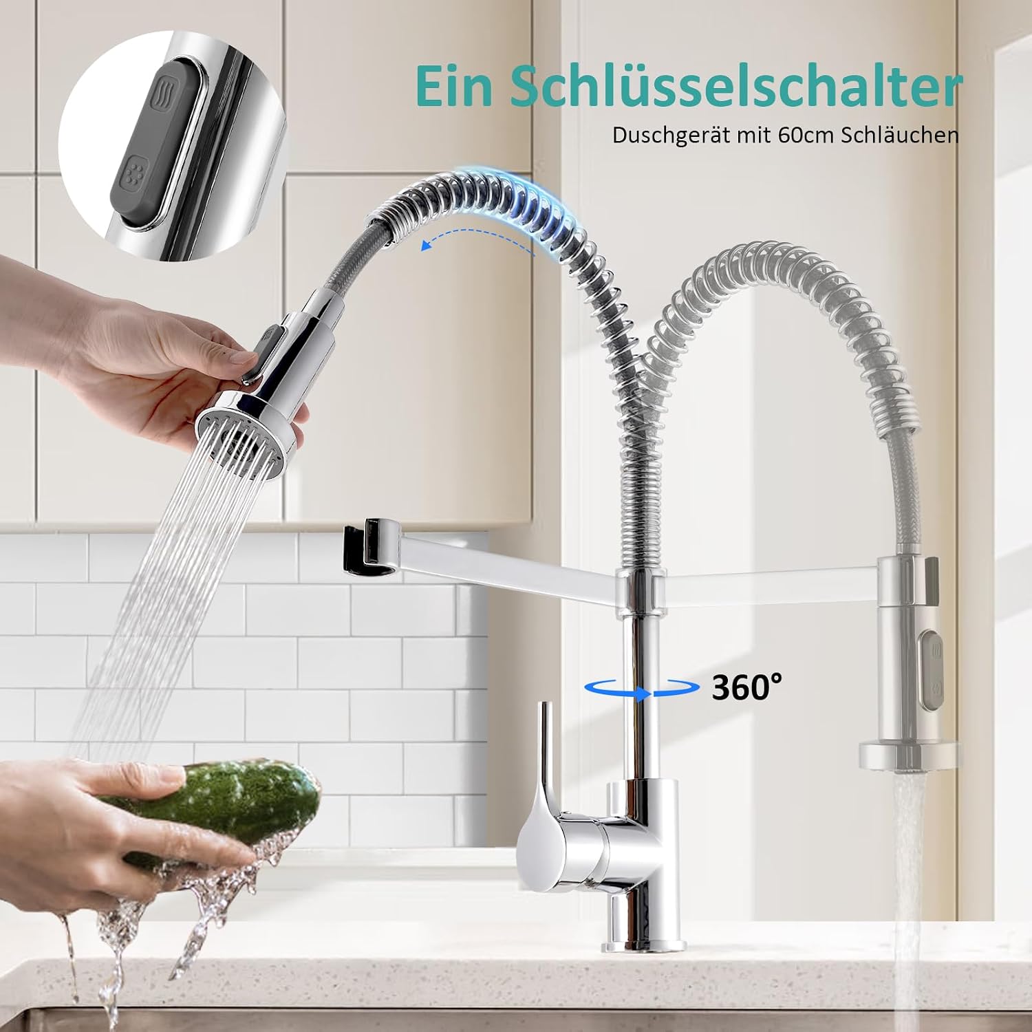 EMKE F18 Kitchen Faucet with pull-down spray head extended, showing water spraying onto a cucumber.