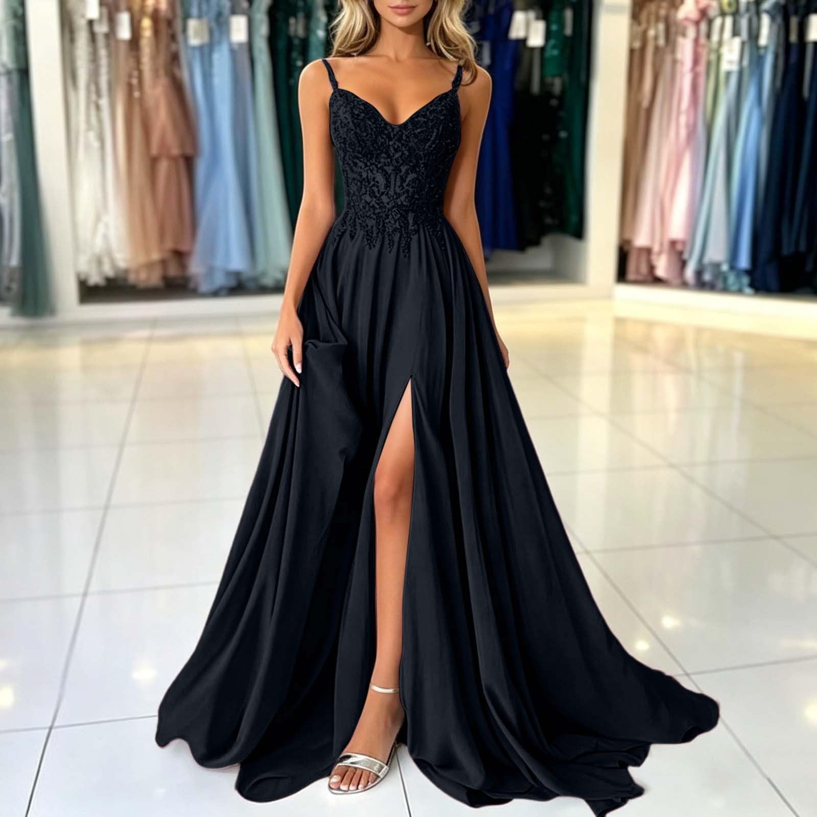 Damen Chiffon Ballkleider Lang V-Ausschnitt Spitzenapplikationen Brautjungfernkleid A-Linie Abendkleider mit Schlitz