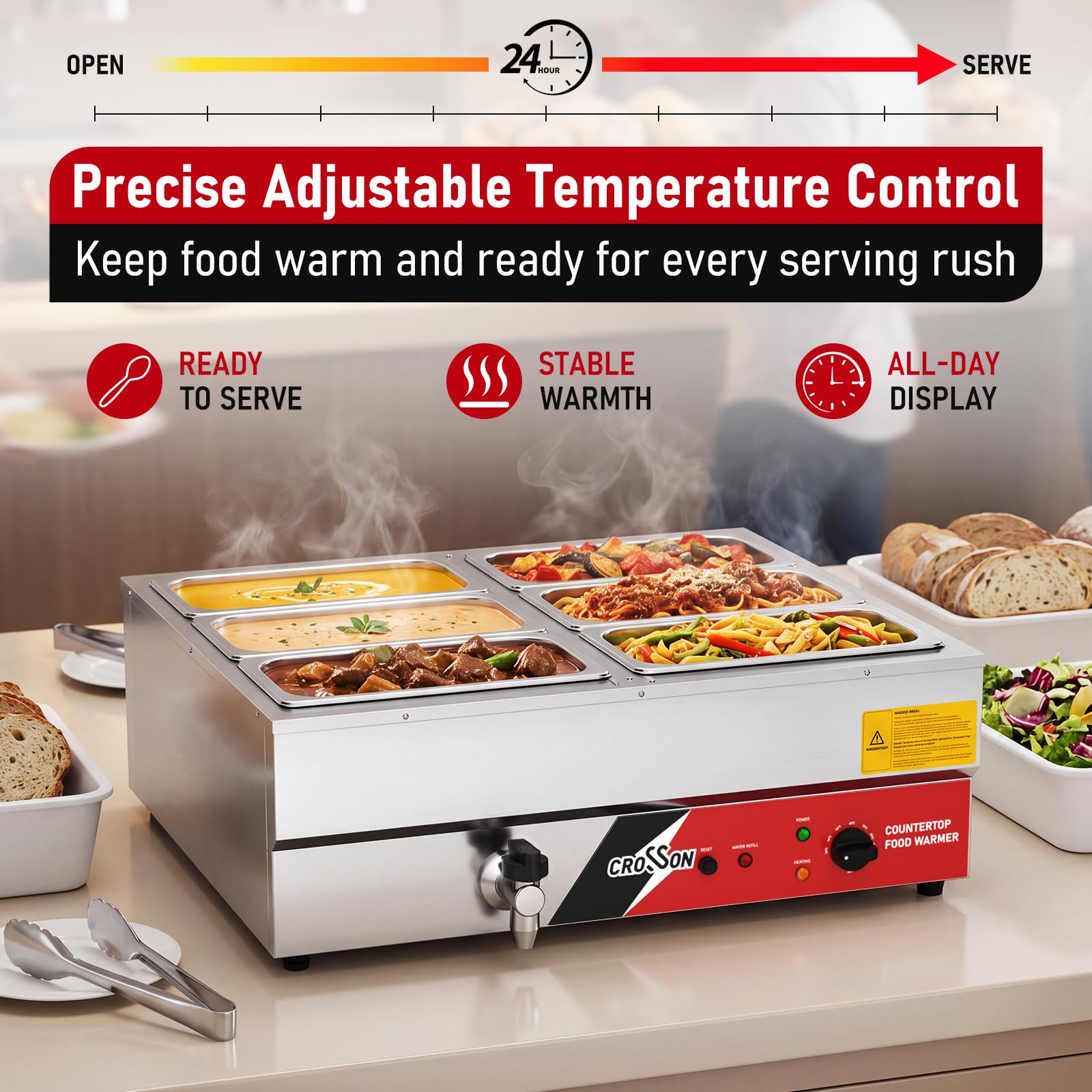 CROSSON Scaldavivande Elettrico bagnomaria Professionale con 6 Vaschette GN 1/3 in Acciaio Inox, Rubinetto di Scarico, Temperatura Regolabile, 1700W/230V, per Buffet, Ristoranti e Catering