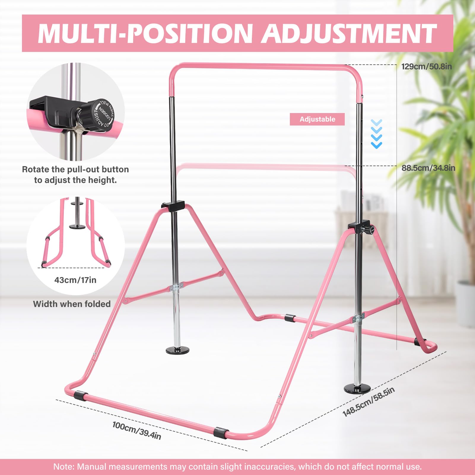 Barra de Gimnasia para Niños Plegable: Barra Horizontal Ajustable en Altura 91-132 cm con Anillas - Equipo de Gimnasia para Casa, Interior Exterior para Niños y Niñas