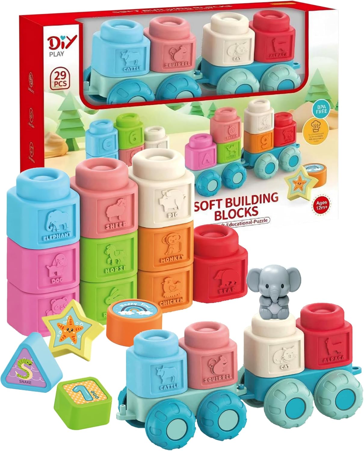 Soft Blocks Montessori Stacking Toys for toddlers 1-3, 29 PCS Baby Building Blocks, Educational Learning Toys with Fruits, Animals, Colors & Shapes, Connectable Texture Blocks Vehicles Festival Gift