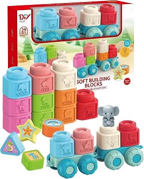 Biteable Soft Building Blocks, Montessori, 12m+, 29PCS | Safe and chewy, can be boiled at high temperatures for disinfection, teaches color, shape, and movement skills