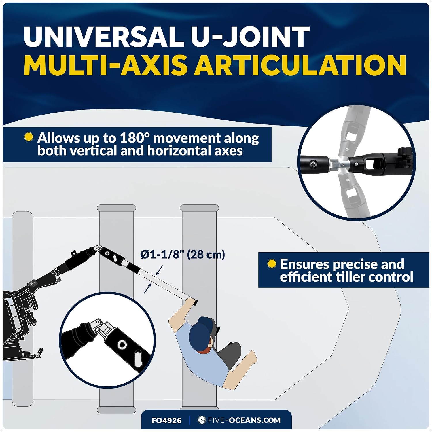Five Oceans Universal U-Joint Telescopic Tiller Extension Handle for Outboard & Trolling Motors, Extends from 36" - 53", Twist-Lock - Aluminum Tubing with Anti Slip Handle - FO4926