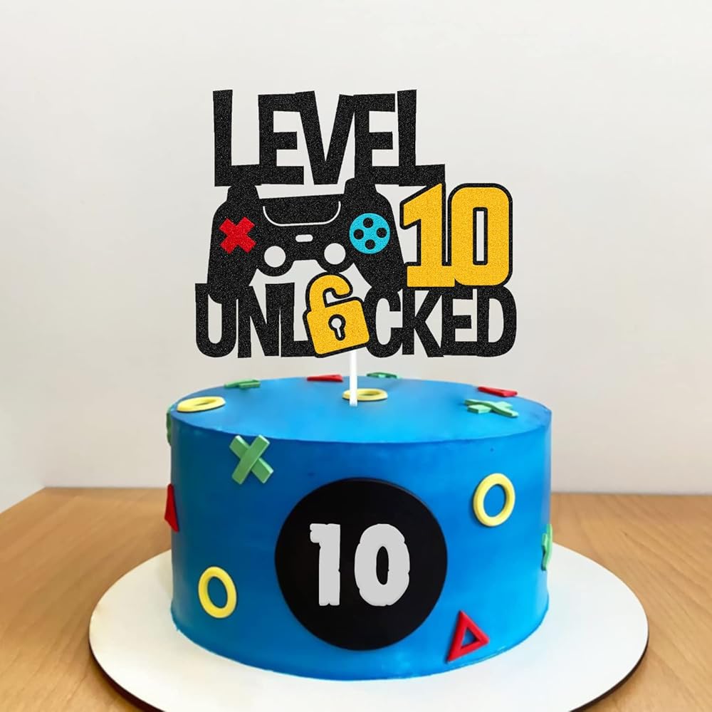 Level 10th Unlocked Cake Topper Game Controller 10s Cake Decoration Happy 10 Birthday Cake Decor Video Play Game Movie Theme Boys Girls Men Women