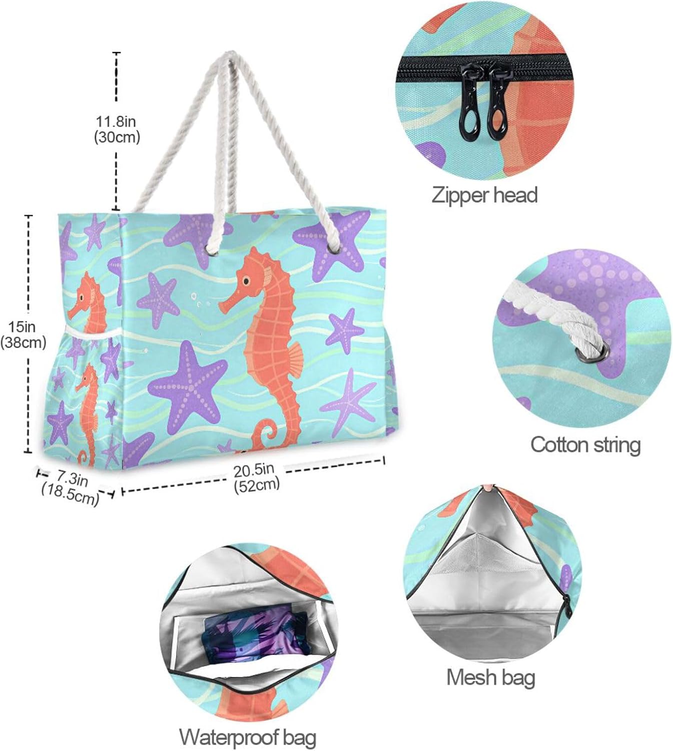 OTVEE Seahorses Purple Sea Stars Pattern Beach Bags for Women Ladies Large Canvas Tote Shoulder Bag Waterproof Travel Bags for Gym Swim Pool Camping