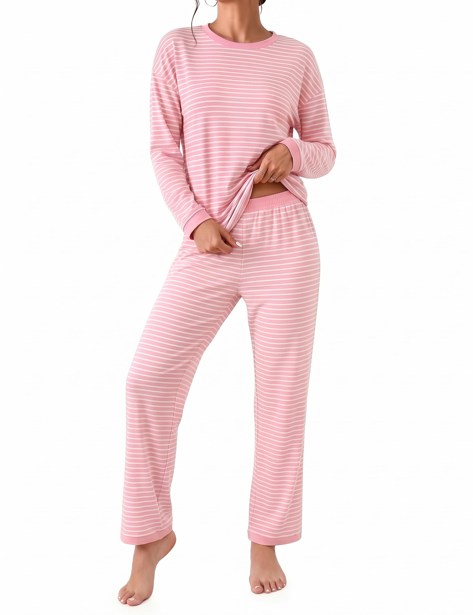 Marvmys Schlafanzug Damen Lang Winter Pyjama Set mit Taschen und Bündchen | Bequem, weich und atmungsaktiv – perfekt für Herbst und Winter. Elastischer Bund, verstellbarer Gürtel, zwei Taschen