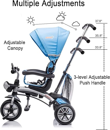 Miniatura 6 de POSTACK Triciclo de bebé 6 en 1 con asiento reversible, triciclo para niños con mango de empuje extraíble, toldo, almacenamiento trasero, ruedas de