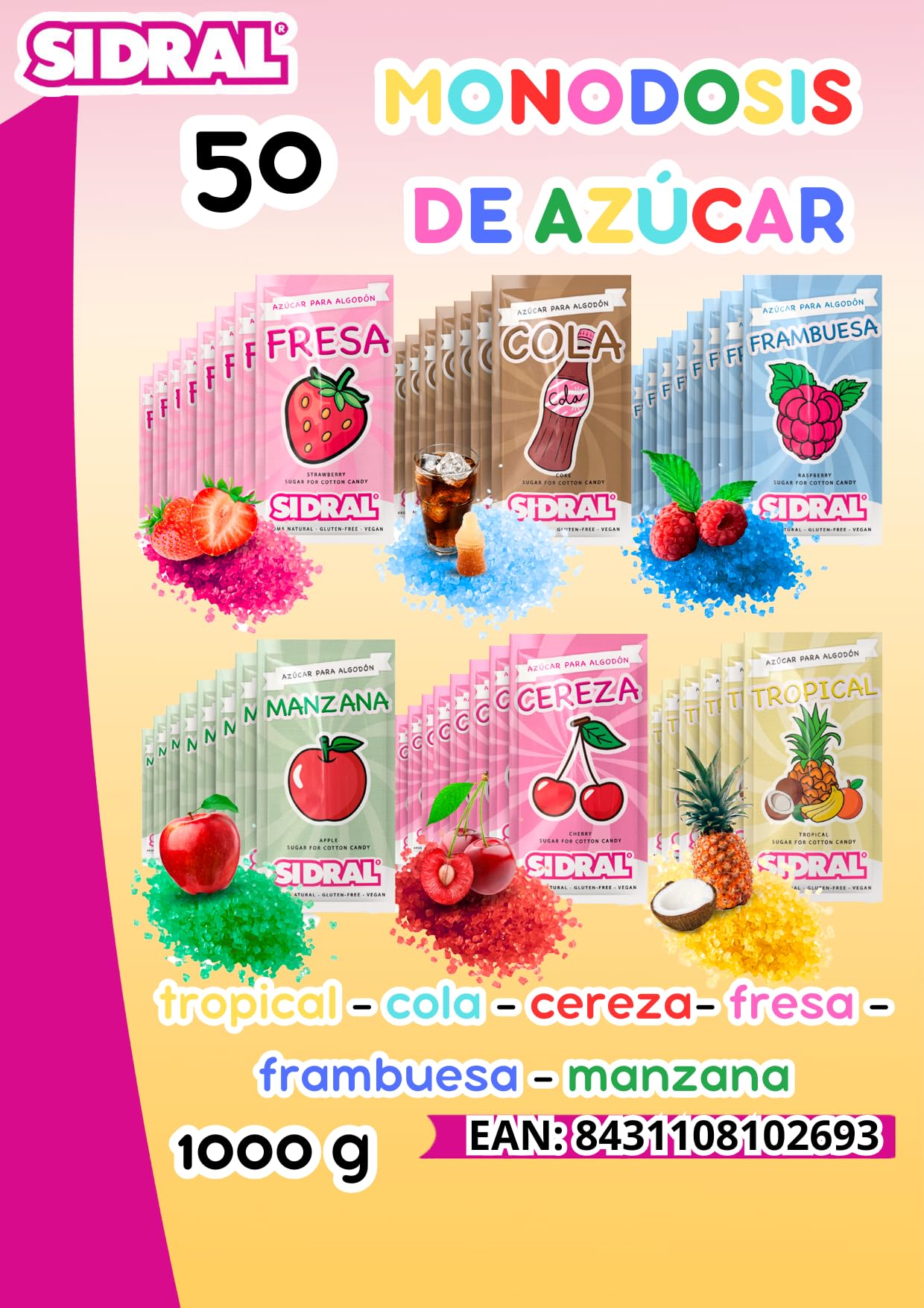 SIDRAL - 1000 grs. / 50 monodosis Degustación - Azúcar para Maquina de Algodón, Azucar de Sabores - 6 Sabores: Fresa, Manzana, Cereza, Cola, Tropical y Frambuesa (sabores)