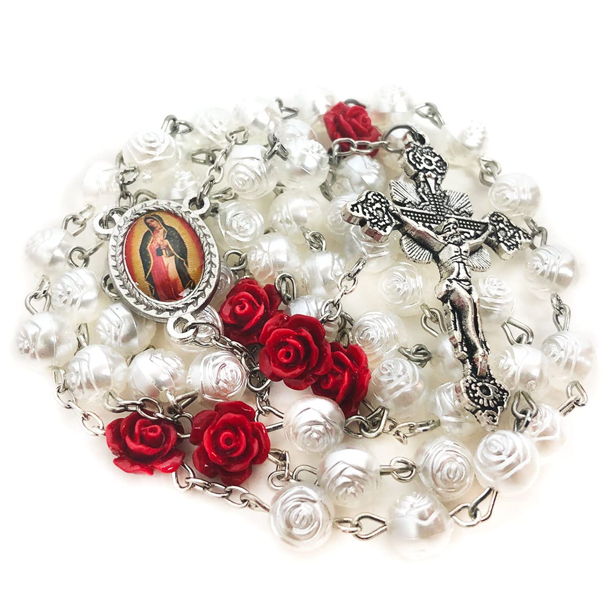 Our Lady of Guadalupe Pearly Rose Rosary Beads Catholic for Women - Catholic Gifts - Rosary Necklace for Women