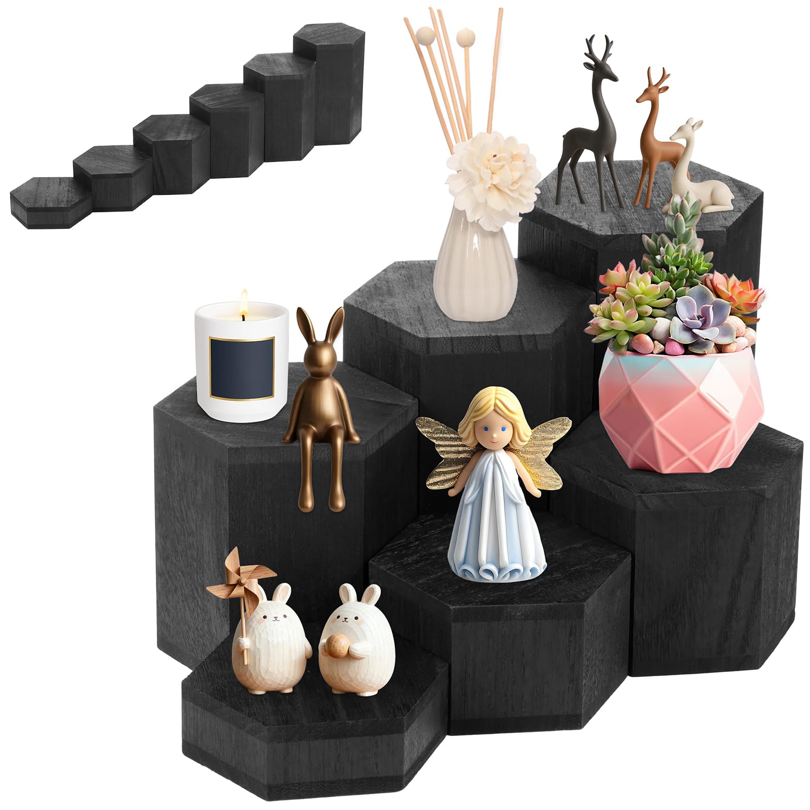 Anihet 6 Pack Wooden Hexagon Display Riser, Vintage Wood Showcase Stands for Shelves and Countertops, Jewelry Display Stand Step Plinths for Jewellery Figurine Perfume Cupcakes Desserts(Black)