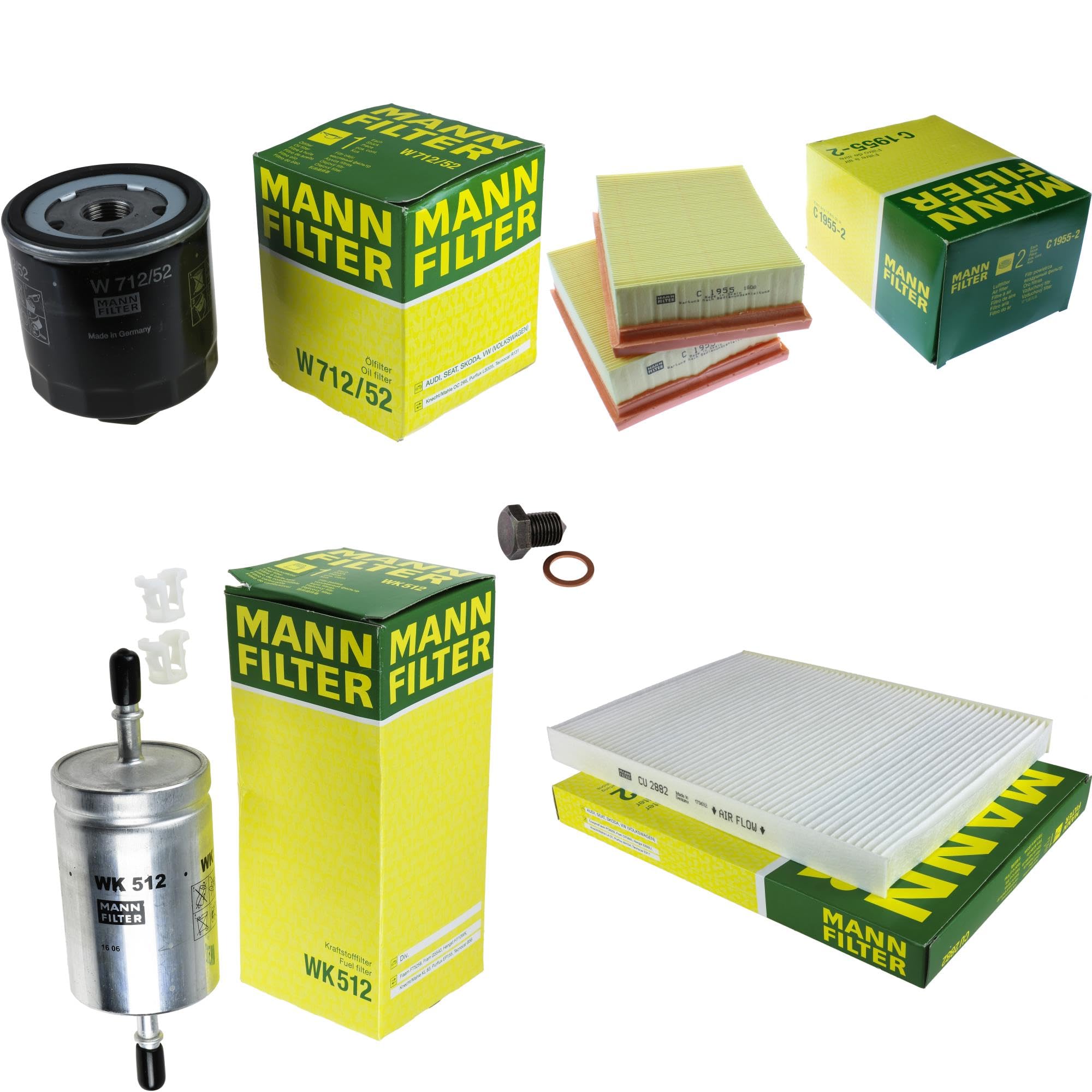 Paquete de inspección Kit de mantenimiento de filtros con filtro de aceite W 712/52, filtro de aire C 1955-2, filtro de combustible WK 512, filtro de habitáculo CU 2882, tornillo de cierre