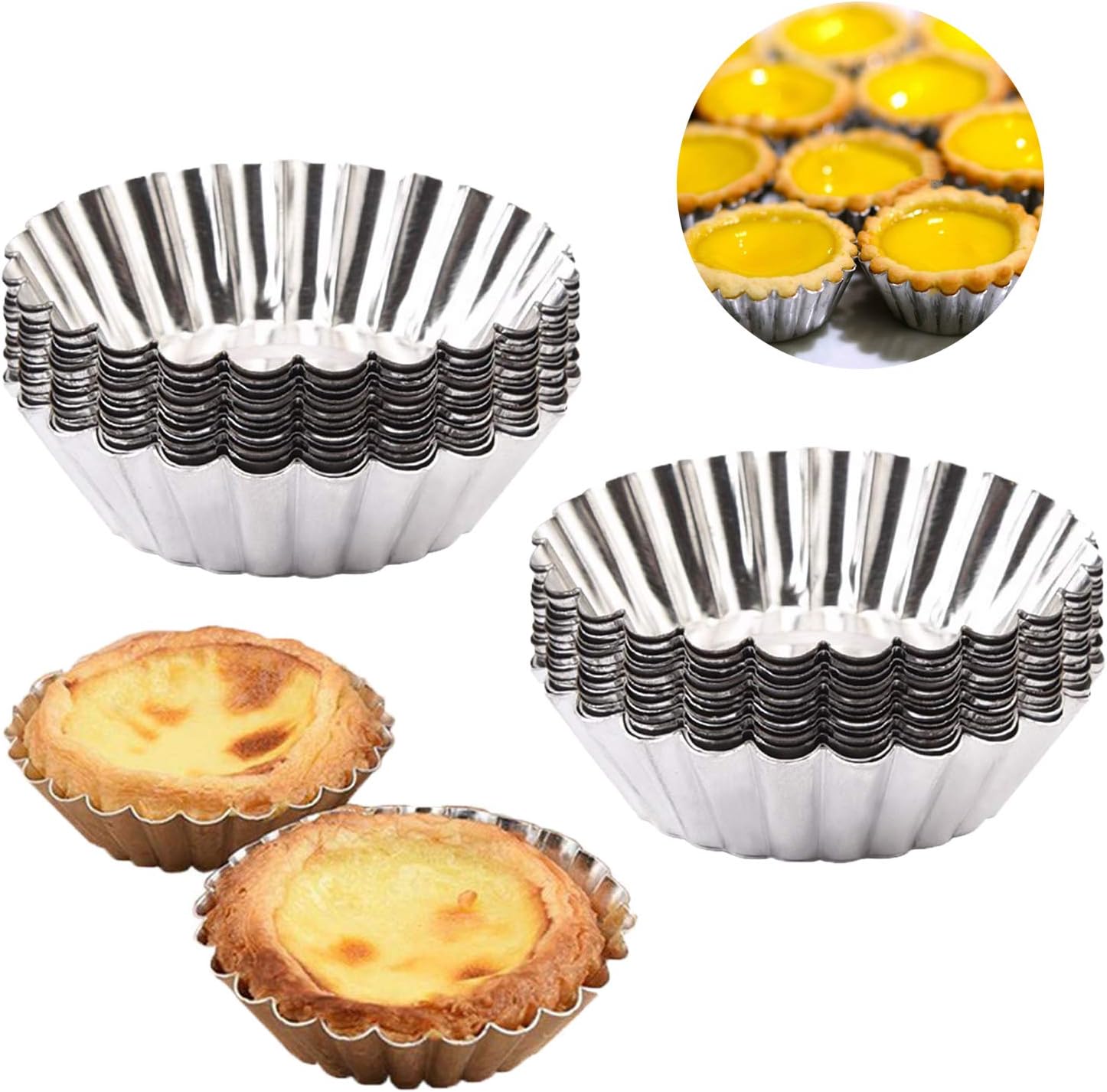 Egg Tart Molds, Amatted 50 PCS Reusable Tinplate Baking Cups Non-Stick Cupcake Cake Muffin Moulds Mini Pie Tin Tartlet Pans Puto Cup Chocolate Molds DIY Baking Tools (Tinplate)