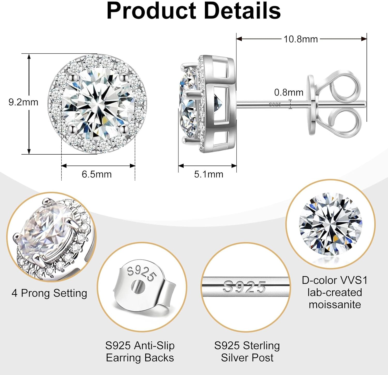 Moissanite Earrings for Men, Solid S925 Sterling Silver and 18K Golden Plated Halo Stud Earrings for Women Valentine's Day Mother's Day - D Color VVS1 Hypoallergenic Dainty Moissanite Jewelry for Sensitive Ear, 0.2CT-10CT, 3-11mm