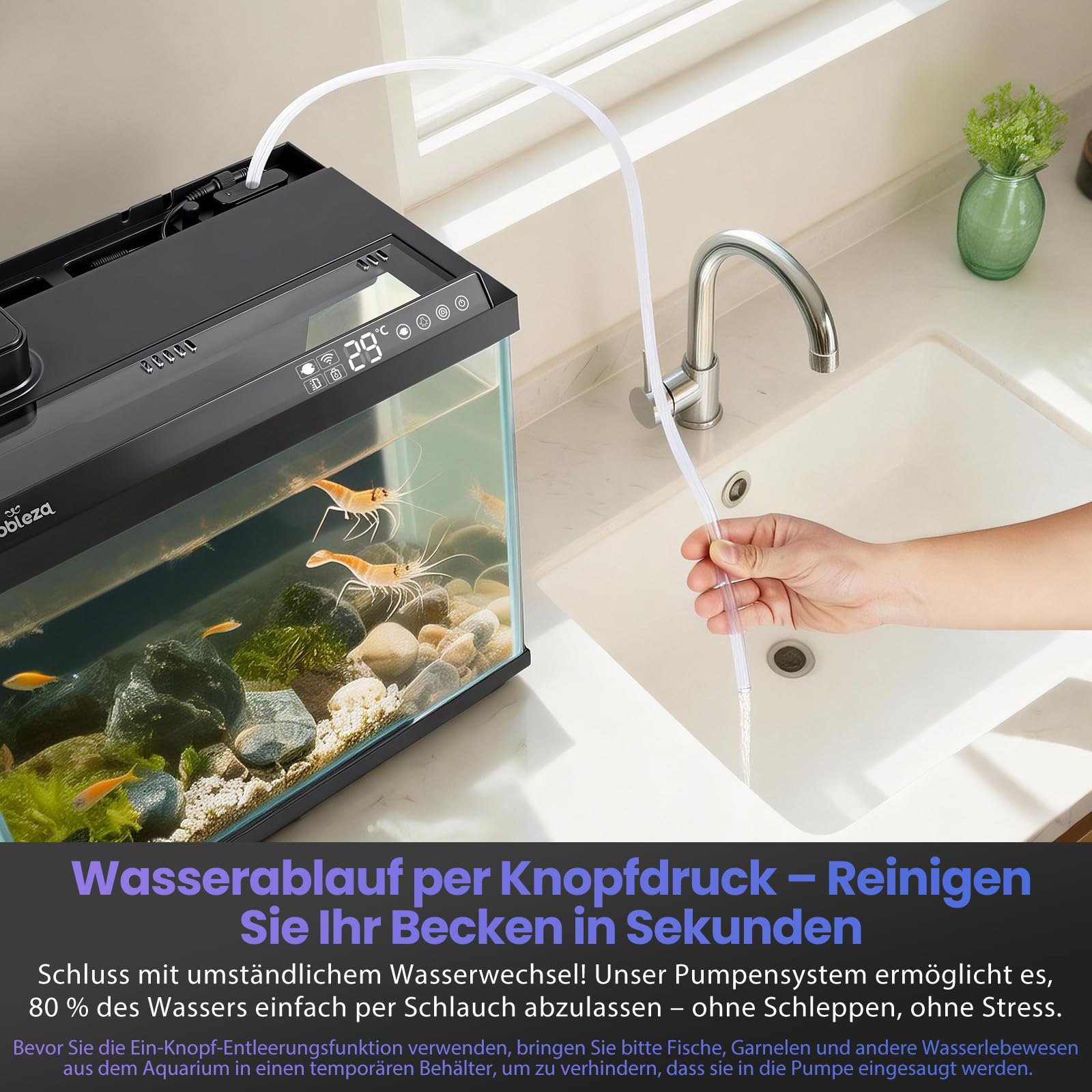 Nobleza Smart Aquarium 30L, WiFi Aquarium Set Komplett mit App-Steuerung, EIN-klick-Wasserwechsel, Automatischer Fütterer, Ultra-Weiß-Glas Nano Aquarium für Anfänger & Büro, 44x24x28.5cm |