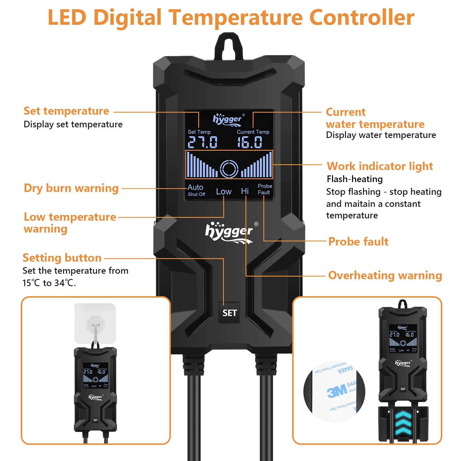 hygger Riscaldatore per Acquario, 600W Sommergibile Riscaldatore per Acquario con Controller Display Digitale LCD Intelligente Protezione Spegnimento Automatico per 250-511L Tank