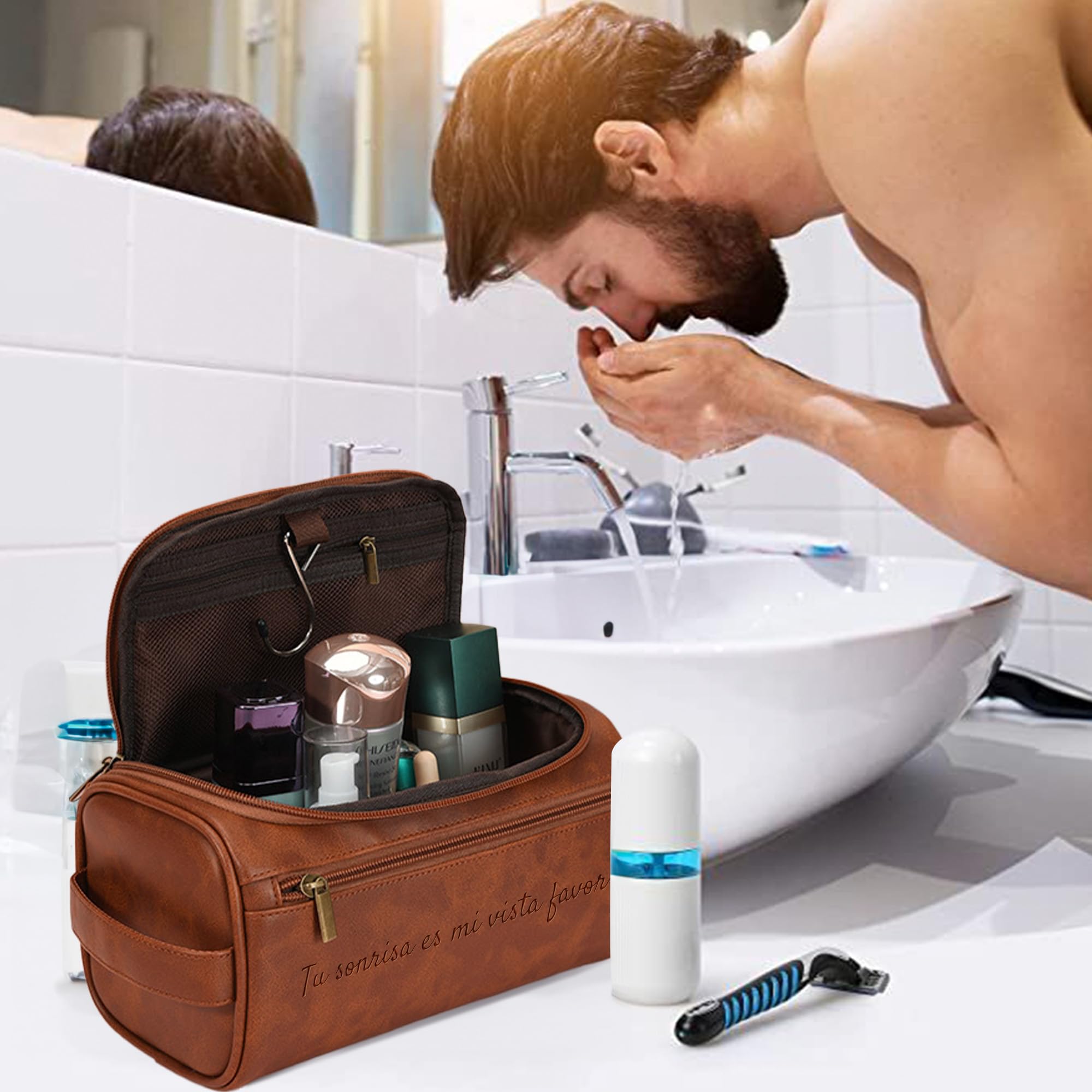 Easycosy Regalos Dia del Padre, Neceser Hombre en Piel Personalizado - Bolsa de Aseo Compacto para Viaje, Regalo para Papá, Amantes y Amigos