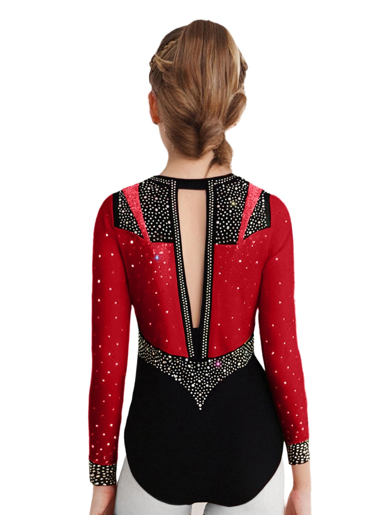 Piezas Traje Gimnasia Niñas Con Brillo Traje Entrenamiento Camiseta Manga Larga Patinaje Artístico Mono Baile borgoña 13-14 años