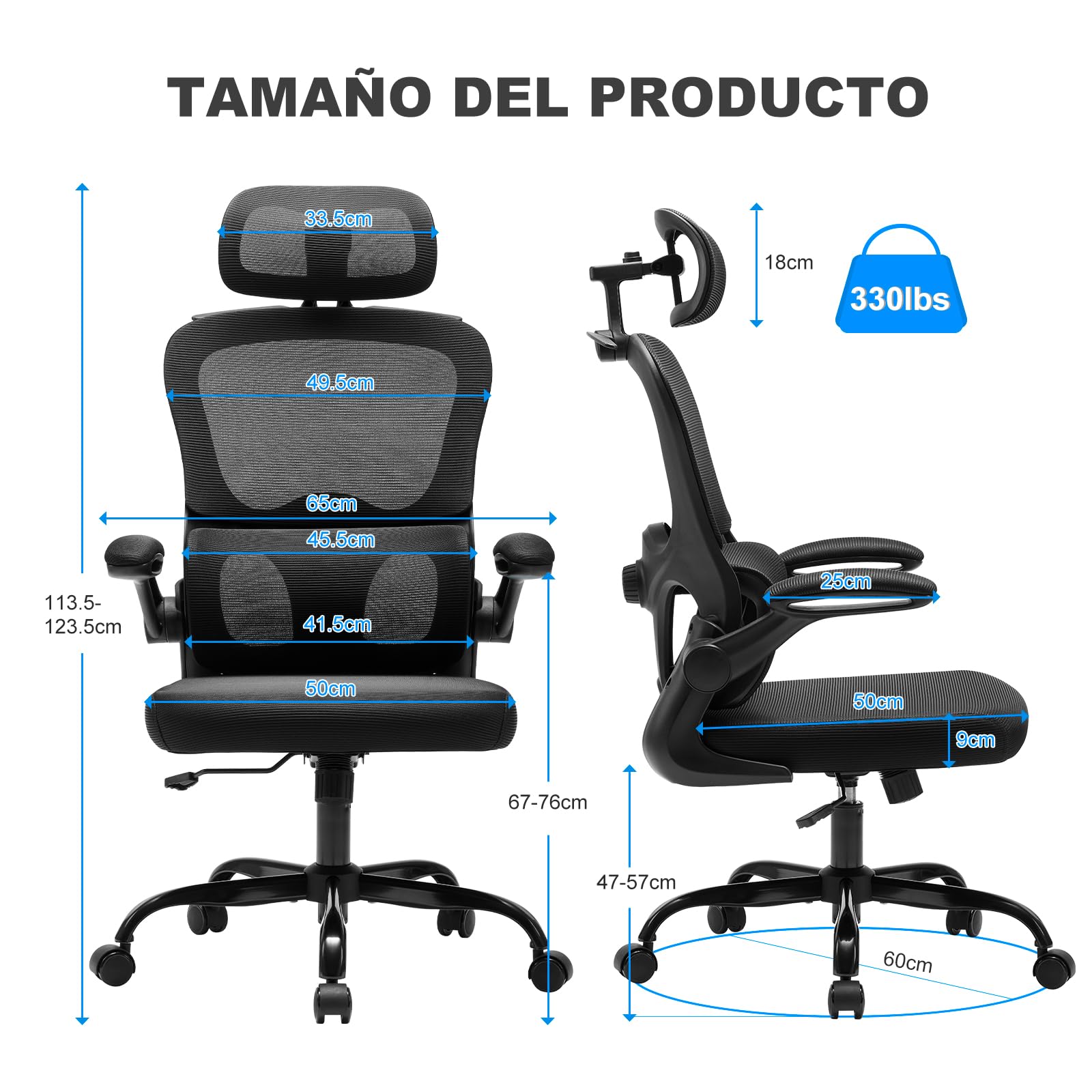 Magic Life Silla de Oficina Ergonómica con Respaldo de Malla, Soporte Lumbar Ajustable, Reposabrazos y Altura Regulable para Home Office (Negro)