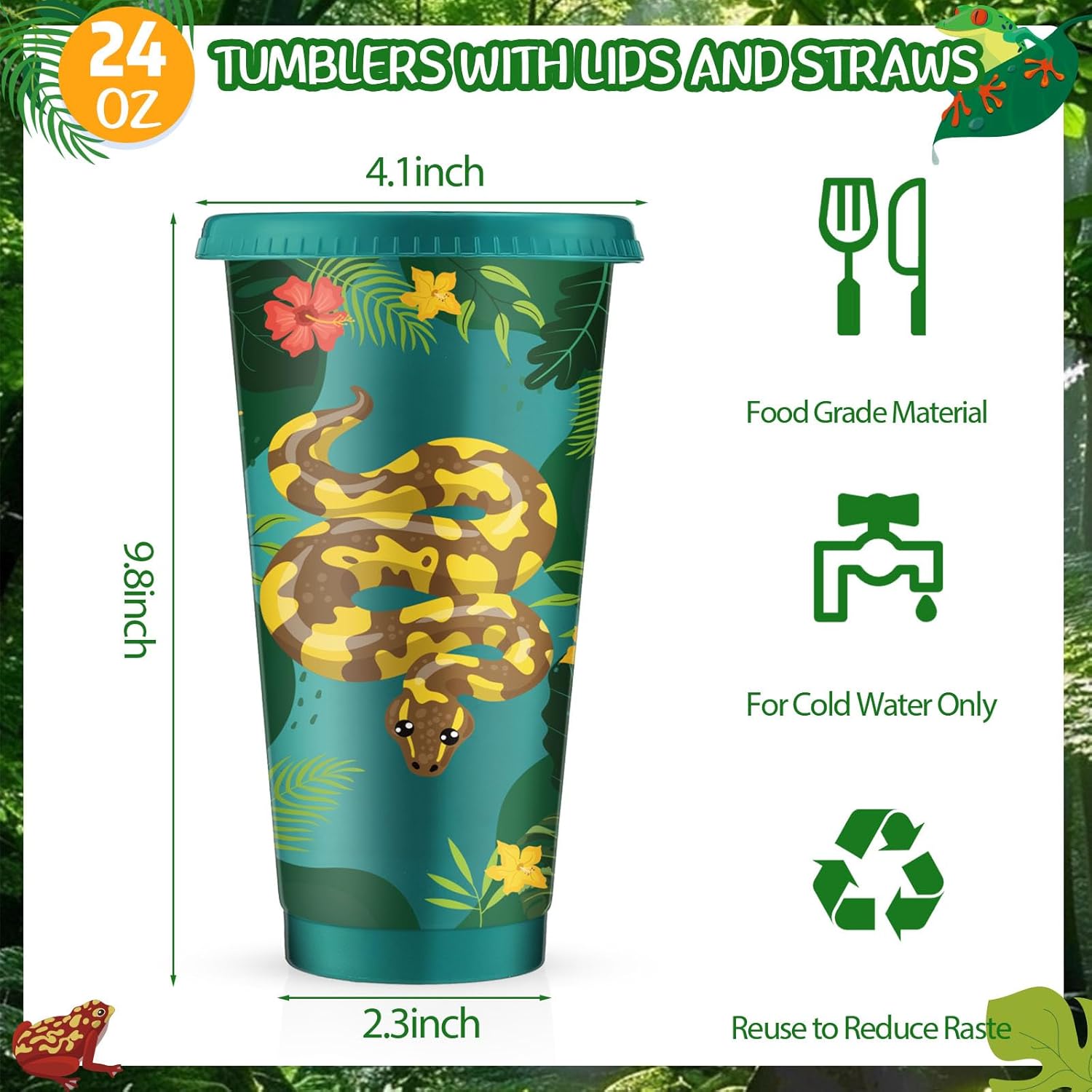 Skylety 24 Pcs Jungle Animals Cup Reptiles Tumbler with Lid and Straw 24oz Wild Animals Party Favors Reusable Tumbler Gifts Reptiles Party Decorations - Image 2