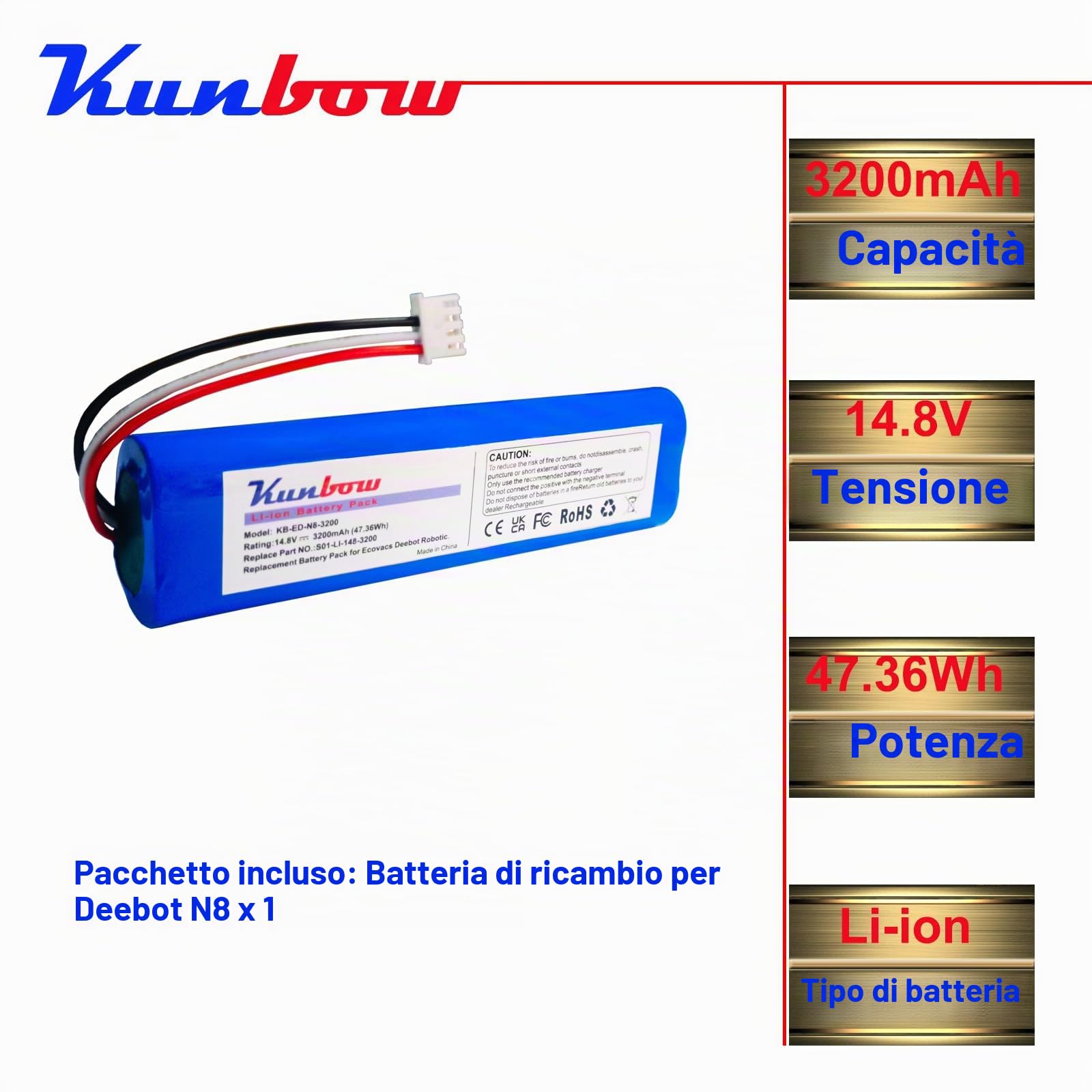 Batteria agli ioni di litio da 3200mAh, batteria di ricambio per Ecovacs Deebot N8, Deebot N8+, Deebot N8 Pro, Deebot N5, Deebot Ozmo 900, Ozmo 920, Ozmo 930 aspirapolvere. (14,8V/47,36Wh)