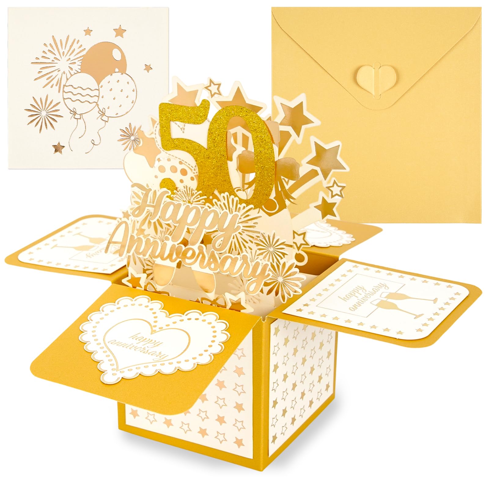 50th Golden Wedding Anniversary Cards, 3D Gold Happy Anniversary Pop Up Card with Envelope for Women Men Wife Husband Couples Parents | Milestone Wedding Anniversary Card Celebrating 50 Year Marriage