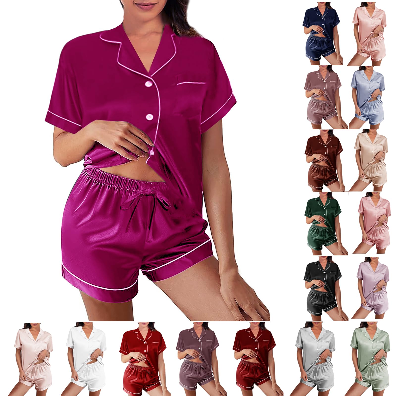 WJing Yi Jia Womens Silk Satin Pajamas Loungewear Two-Piece Sleepwear Button-Down Floral Pj Set XS-4XL