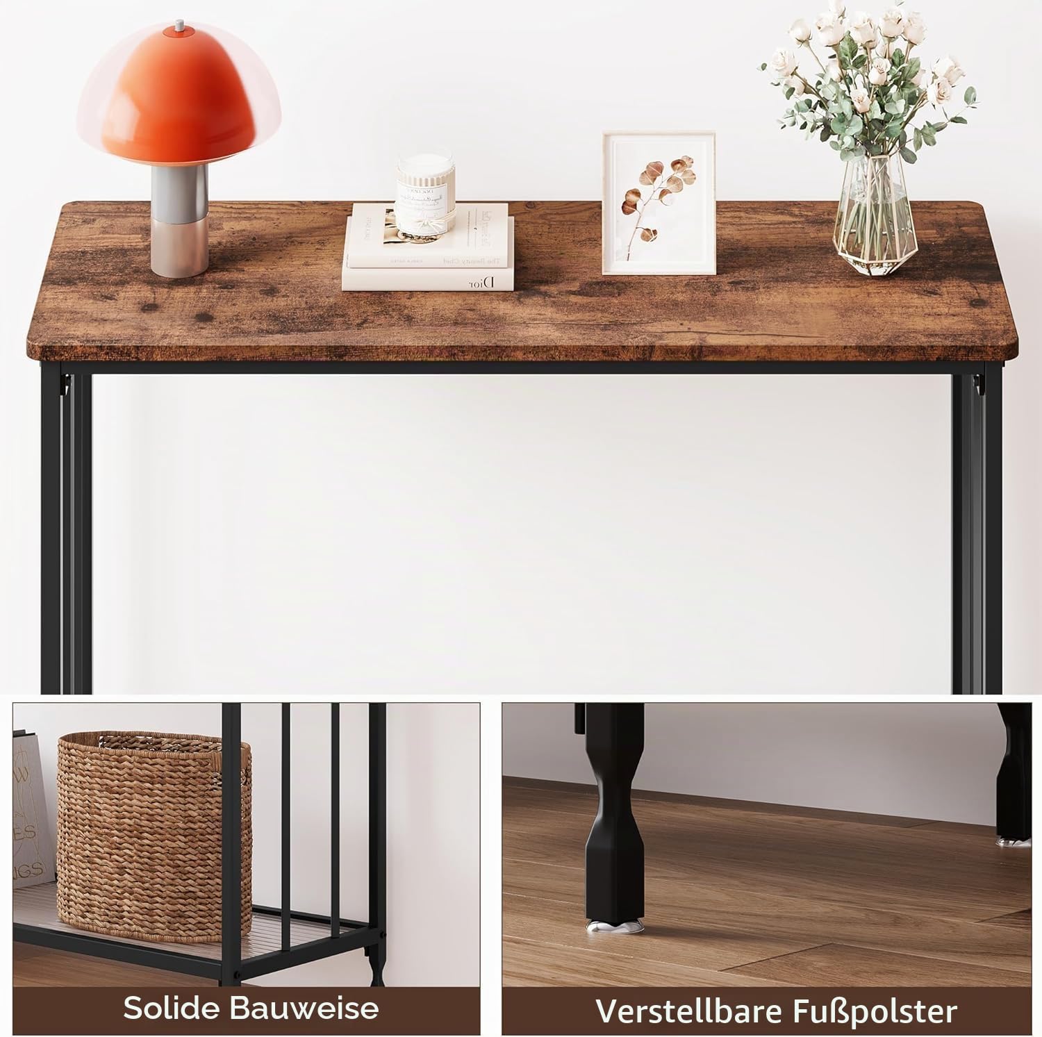 Konsolentisch Schmal mit Ablage, 85 x 30 x 81 cm Beistelltisch Vintage Flurtisch Kleiner Ausstellungstisch Metall Sofatisch Industrieller Langer Eingangstisch für Eingang, Flur, Dunkelbraun-Schwarz