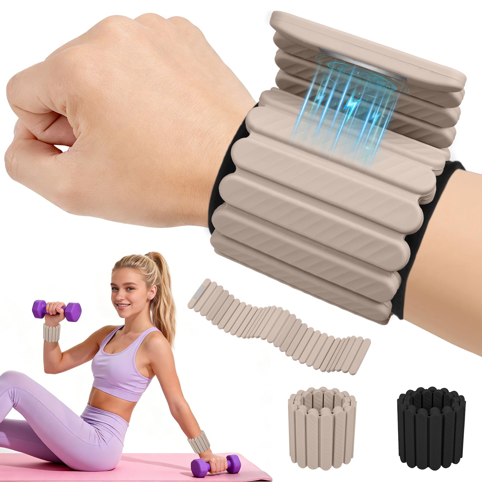 Abahub Wrist and Ankle Weights, Adjustable Wrist Weights Set of 2 (1 kg each), Magnetic Closure, Beige