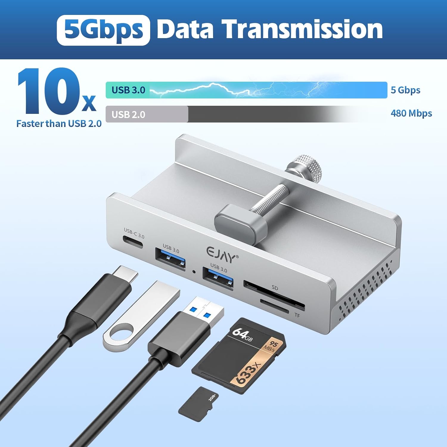EJAY 5-in-1 Aluminum USB 3.0 Clamp Hub, Desk Edge Docking Station with SD/TF Card Reader, 5Gbps Port Expander with 59" Extra Long Cable for iMac, MacBook, Laptop, PC, Home Office, Silver