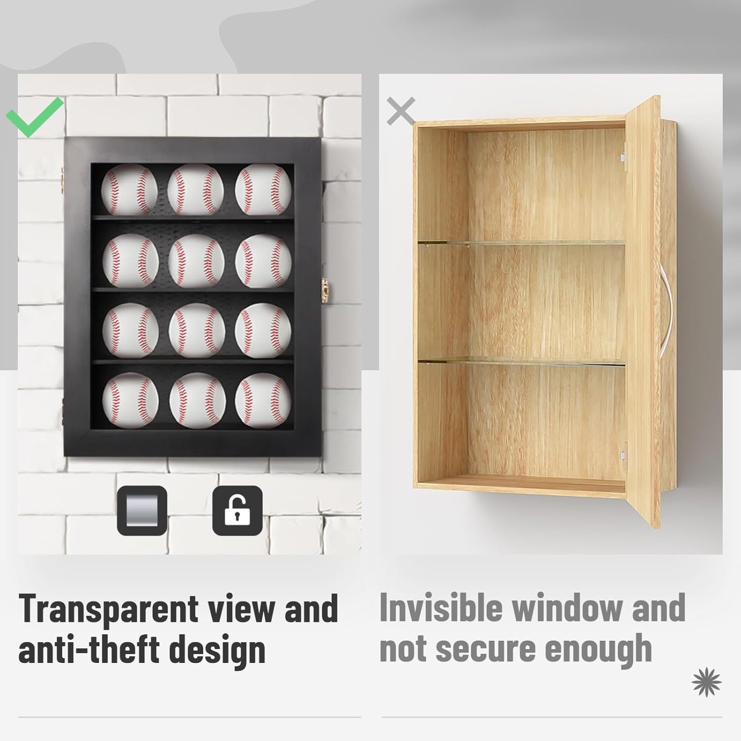 12 Wooden Wall-Mounted Baseball Display Case, Cabinet with Shelf Holder for Home Gym School