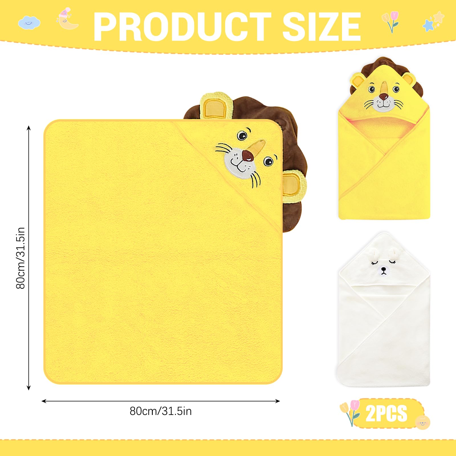 2 toallas de bebé con capucha, 80 x 80 cm, toalla con capucha para bebés, bonita forma de animal, oso blanco y león amarillo, para baño de bebé, unisex