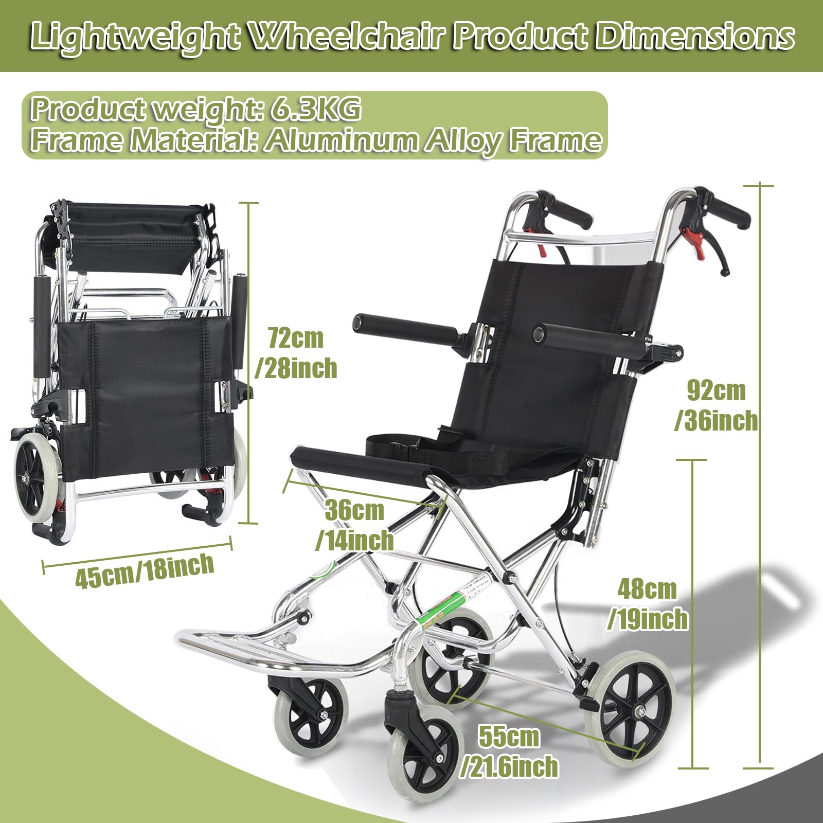 Silla de ruedas portátil de tránsito, sillas de ruedas de transporte plegables para adultos y personas mayores, silla de ruedas de aluminio ligera para ancianos,Negro
